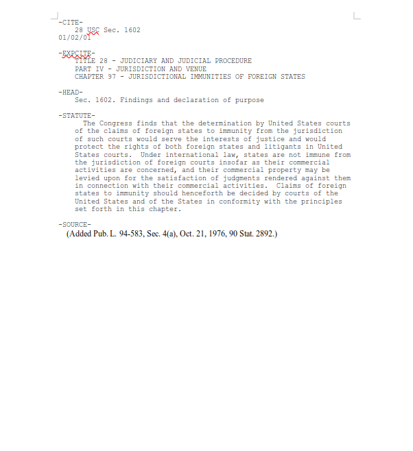 Title 28 USC Sec. 1602 – Findings and declaration of purpose