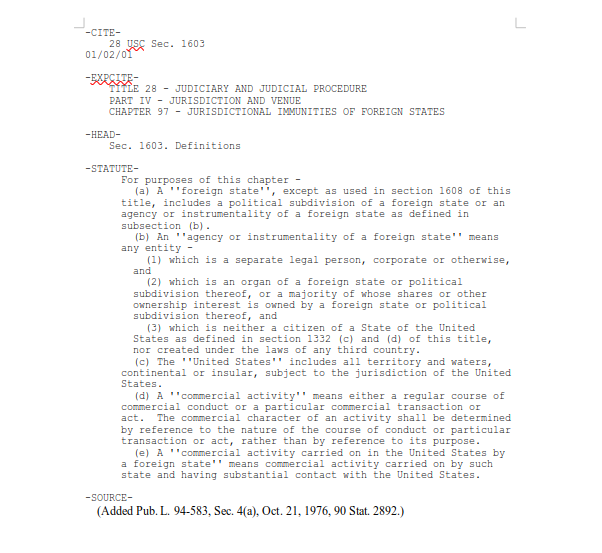 Title 28 USC Sec. 1603 Definitions – A Foreign State