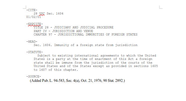 Title 28 USC Sec. 1604 – Immunity of a foreign state from jurisdiction