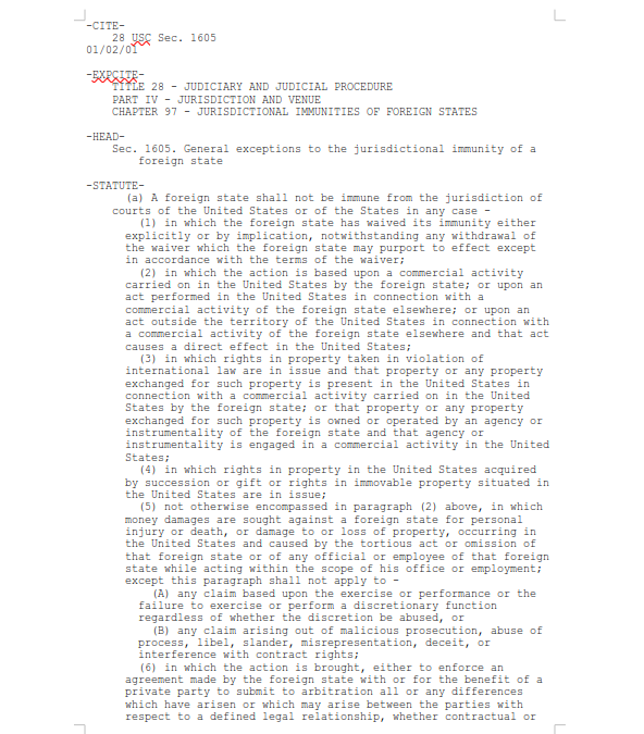 Title 28 USC Sec. 1605 – General exceptions to the jurisdictional immunity of a foreign state