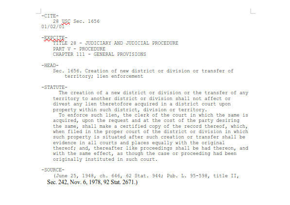 Title 28 USC Sec. 1656 – Creation of new district or division or transfer of territory; lien enforcement