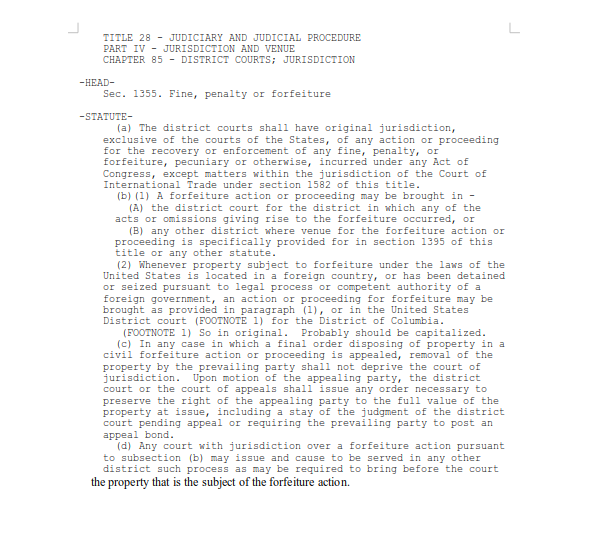 Title 28 USC Sec. 1355 – Fine, penalty or forfeiture