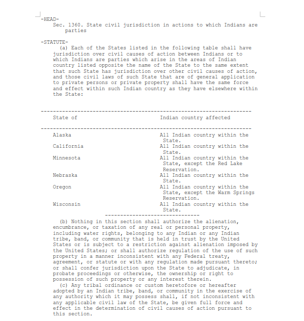 Title 28 USC Sec. 1360 – State civil jurisdiction in actions to which Indians are parties