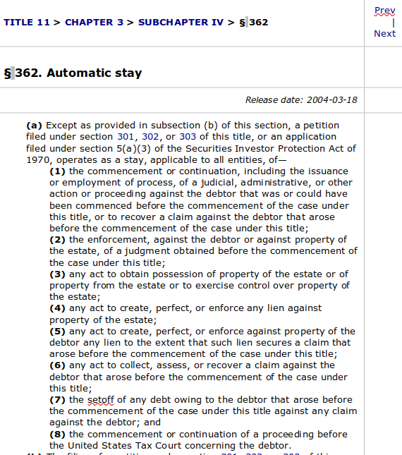 Title 11 USC Chapter 3 Subchapter IV 362 – Automatic stay